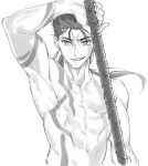  1boy abs arm_up armpits bodypaint closed_mouth cu_chulainn_(fate)_(all) earrings fang fate/stay_night fate_(series) grin holding holding_polearm holding_weapon jewelry lancer long_hair male_focus monochrome muscle navel polearm ponytail shirtless simple_background slit_pupils smile solo spiky_hair type-moon uni_(nico02) weapon white_background 
