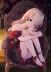  1girl armchair bangs bare_shoulders blonde_hair blue_eyes bow chair closed_mouth commentary_request dress eyebrows_visible_through_hair gaaratelier hair_bow high_heels highres knees_up leg_hug long_hair off_shoulder on_chair pleated_dress princess_connect! princess_connect!_re:dive red_bow red_dress red_footwear saren_(princess_connect!) shoes sitting smile solo wooden_floor 