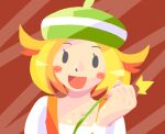  1girl :d bianca_(pokemon) blonde_hair blush_stickers brown_background clenched_hand commentary_request face green_headwear happy looking_at_viewer open_mouth pokemon pokemon_(game) pokemon_bw smile star_(symbol) toge_nbo 