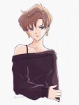  1girl bishoujo_senshi_sailor_moon blonde_hair earrings highres hoop_earrings jewelry looking_at_viewer off-shoulder_sweater off_shoulder sailor_uranus short_hair simple_background smile solo sweater ten&#039;ou_haruka twitter_username violet_eyes white_background y-yazaki2406 