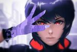  1girl bangs blue_hair close-up expressionless eyebrows_behind_hair ghost_in_the_shell ghost_in_the_shell_stand_alone_complex gloves highres jacket kusanagi_motoko lem looking_at_viewer purple_gloves red_eyes science_fiction short_hair solo v-shaped_eyebrows 