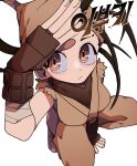  1girl :/ arm_support arm_up bandaged_feet bandana between_legs blush breasts brown_eyes brown_gloves brown_hair closed_mouth clothing_cutout commentary ehfhfh_3712 english_commentary face fingerless_gloves from_above gloves hand_between_legs highres ibuki_(street_fighter) japanese_clothes korean_text long_hair looking_at_viewer looking_up medium_breasts ninja side_cutout simple_background solo squatting street_fighter thigh_cutout torn_clothes torn_sleeves translation_request white_background 