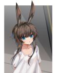  1girl amiya_(arknights) animal_ears arknights bangs blue_eyes brown_hair collarbone commentary_request eyebrows_visible_through_hair highres long_hair looking_at_viewer parted_lips rabbit_ears shirt short_sleeves solo spacelongcat upper_body white_shirt 