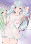  1girl absurdres ass_visible_through_thighs bangs blue_eyes blush bow breasts commentary_request eromanga_sensei hair_bow highres holding holding_pen huge_filesize izumi_sagiri long_hair looking_at_viewer open_mouth pen pink_bow short_sleeves silver_hair solo uiri-na wide_sleeves 