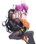  2girls ahoge black_hair black_jacket black_legwear blush brown_eyes brown_hair character_request copyright_request formal hair_tubes hands_on_another&#039;s_cheeks hands_on_another&#039;s_face hands_on_another&#039;s_hips heart high_ponytail highres jacket long_hair looking_at_another messy_hair multiple_girls off-shoulder_jacket on_lap padded_coat pants pantyhose pink_hair pointy_ears ptaki_2 shoes shorts simple_background sitting smile sneakers suit very_long_hair white_background yuri 