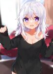  1girl absurdres bare_shoulders black_sweater blurry blurry_background highres light_particles long_sleeves loose_clothes medium_hair noi_mine open_mouth original sweater violet_eyes white_hair 