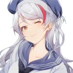  1girl ;) azur_lane bangs black_neckwear blue_headwear blue_sailor_collar brown_eyes closed_mouth collarbone commentary_request eyebrows_visible_through_hair hair_between_eyes hat head_tilt highres long_hair looking_at_viewer multicolored_hair neckerchief one_eye_closed prinz_eugen_(azur_lane) redhead sailor_collar sailor_hat shinidei shiny shiny_hair shirt silver_hair simple_background smile solo streaked_hair swept_bangs upper_body white_background white_shirt 