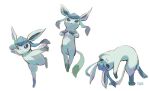  :&lt; balancing bishamon_(usagi_ba) closed_mouth commentary_request dancing feet_together gen_4_pokemon glaceon green_eyes hands_up highres leaning_back multiple_views outstretched_arms paws pokemon pokemon_(creature) signature simple_background standing standing_on_one_leg toes white_background 