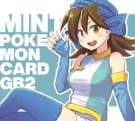  1girl :d blue_background blue_bandana blue_gloves blue_legwear blue_shirt blue_theme blush breasts brown_eyes brown_hair character_name commentary copyright_name fingerless_gloves gloves hair_between_eyes happy large_breasts looking_at_viewer mint_(pokemon) open_mouth pokemon pokemon_trading_card_game pokemon_trading_card_game_(game) shirt simple_background sitting smile thigh-highs toge_nbo waving 