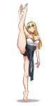  1girl bangs bare_legs bare_shoulders barefoot blonde_hair blue_eyes breasts choker dungeon_and_fighter eyebrows_visible_through_hair full_body highres large_breasts long_hair royal_tea shadow simple_background solo split standing standing_on_one_leg standing_split tassel white_background 