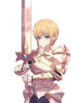  1girl absurdres armor blonde_hair breastplate eyebrows_visible_through_hair faulds gauntlets gold_trim grey_eyes highres holding holding_sword holding_weapon knight looking_at_viewer original plate_armor short_hair shoulder_armor smile solo sword user_jhky5327 very_short_hair weapon white_background 
