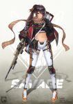  1girl bipod black_hair earpiece eyebrows_visible_through_hair girls_frontline gun hand_on_own_chest highres holding holding_gun holding_weapon kinkaikii long_hair looking_at_viewer midriff navel one_eye_covered original ponytail rifle scarf scope simple_background sniper_rifle solo very_long_hair weapon 