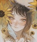  1girl 9999mme bangs brown_hair flower freckles highres original portrait solo sunflower yellow_flower 