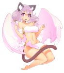  1girl :d angel_wings animal_ears barefoot blush breasts bright_pupils cat_ears cat_tail commentary commission english_commentary full_body grey_hair halphelt looking_at_viewer low_twintails medium_breasts navel open_mouth original round_teeth simple_background smile solo strapless tail teeth tubetop twintails upper_teeth violet_eyes white_background white_pupils white_wings wings 