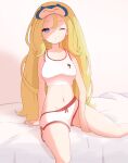  &#039;_nadja 1girl absurdres arm_support bangs bare_arms bed_sheet blonde_hair blue_eyes breasts closed_mouth commentary_request eyelashes gen_1_pokemon hair_down hand_on_own_thigh highres korrina_(pokemon) long_hair looking_at_viewer navel one_eye_closed pokemon pokemon_(game) pokemon_xy shorts side_slit side_slit_shorts sitting snorlax solo 