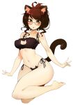  1girl animal_ear_fluff animal_ears bare_arms bare_legs bare_shoulders barefoot black_bra black_panties blush bra breasts brown_eyes brown_hair cat_ears cat_lingerie cat_tail chestnut_mouth commentary dot_nose english_commentary full_body glasses halphelt large_breasts looking_at_viewer meme_attire navel original panties parted_lips red-framed_eyewear semi-rimless_eyewear side-tie_panties simple_background solo tail under-rim_eyewear underwear underwear_only white_background wide_hips 