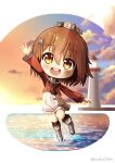  1girl brown_eyes brown_hair brown_neckwear chibi clouds dress english_commentary full_body grey_sailor_collar kantai_collection lighthouse mixed-language_commentary neckerchief open_mouth outdoors red_shirt roshi_chen round_teeth rudder_footwear sailor_collar sailor_shirt scenery shirt short_hair solo sunset tan_yang_(kantai_collection) teeth upper_teeth water white_dress yukikaze_(kantai_collection) 