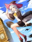  1girl :d absurdres ame_816 arm_up bangs black_headwear black_robe black_skirt blue_sky blush bow breasts broom broom_riding clock clock_tower clouds collared_shirt commentary day dress_shirt elaina_(majo_no_tabitabi) elizabeth_tower eyebrows_visible_through_hair frilled_skirt frills hair_between_eyes hand_on_headwear hat highres hood hood_down hooded_robe long_hair long_sleeves looking_at_viewer majo_no_tabitabi open_clothes open_mouth open_robe outdoors pleated_skirt robe roman_numerals shirt silver_hair skirt sky small_breasts smile solo tower very_long_hair violet_eyes white_shirt wide_sleeves witch_hat yellow_bow 