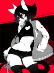  black_sclera breasts bubble_blowing chewing_gum cleavage_cutout clothing_cutout cowboy_shot crop_top demon_girl demon_horns demon_tail facial_mark freckles halftone halphelt hands_in_pockets heart_cutout highres horns jacket letterman_jacket looking_at_viewer medium_breasts medium_hair micro_shorts monochrome navel nes_(halphelt) open_clothes open_jacket original red_theme shorts tail thigh-highs 