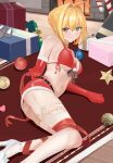  1girl absurdres ahoge ass bangs bikini blonde_hair blush box braid breasts fate/extra fate_(series) french_braid fur_trim gift gift_box green_eyes hair_between_eyes hair_bun hair_intakes high_heels highres large_breasts legs long_hair looking_at_viewer lying miniskirt nero_claudius_(fate) nero_claudius_(fate)_(all) on_side quatthro red_bikini red_skirt skirt smile swimsuit thigh-highs 
