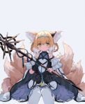  1girl animal_ear_fluff animal_ears arknights bangs bare_shoulders black_gloves blonde_hair blue_hairband blue_skirt commentary_request eyebrows_behind_hair feet_out_of_frame frilled_skirt frills fujimaki_nora gloves green_eyes grey_background hair_between_eyes hairband highres holding holding_staff looking_at_viewer multicolored_hair multiple_tails pantyhose parted_lips pleated_skirt sidelocks simple_background single_glove sitting skirt solo staff suzuran_(arknights) tail two-tone_hair white_hair white_legwear 