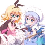  2girls ace_of_hearts animal_ears bangs between_fingers black_bow black_hairband blonde_hair blue_bow blue_dress blue_eyes blue_hair blush bow card character_hat closed_mouth collared_shirt cosplay dress eyebrows_visible_through_hair fake_animal_ears gloves gochuumon_wa_usagi_desu_ka? goth_risuto green_eyes hair_between_eyes hair_ornament hairband heart highres holding holding_card kafuu_chino kirima_sharo long_hair looking_at_viewer magical_girl mask multiple_girls oversized_object phantom_thief_lapin phantom_thief_lapin_(cosplay) pink_vest playing_card pleated_dress pleated_skirt puffy_short_sleeves puffy_sleeves rabbit_ears shirt short_sleeves sidelocks skirt sleeveless sleeveless_dress smile spoon star_(symbol) striped striped_bow tippy_(gochiusa) twintails very_long_hair vest white_gloves white_headwear white_shirt white_skirt x_hair_ornament 
