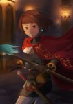  1girl aonoha_ao armor belt_pouch black_gloves brown_hair cape earrings gloves highres holding holding_weapon indoors jewelry looking_at_viewer pixiv_fantasia pixiv_fantasia_last_saga pouch red_cape red_eyes rudia_of_the_moon_smile short_hair standing sword twisted_torso weapon 