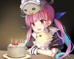  1girl animal animal_on_head birthday_cake blue_hair bow braid cake candle cat cat_on_head colored_inner_hair commentary_request food french_braid fruit hair_bow happy_birthday holding holding_animal holding_cat hololive indoors komugi_(minato_aqua) looking_ahead minato_aqua multicolored_hair neko_(minato_aqua) night on_head open_mouth pink_hair red_eyes sitting smile solo strawberry streaked_hair summer_tail720 table twintails two-tone_hair wooden_table wrist_cuffs 