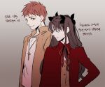  1boy 1girl bangs black_hair cross cross_necklace emiya_shirou fate/stay_night fate_(series) gradient gradient_background hair_ribbon hand_on_hip homurahara_academy_uniform j_(onjj) jewelry korean_text kotomine_shirou_(fanfic) looking_at_another looking_to_the_side necklace open_mouth orange_hair ribbon simple_background tohsaka_rin upper_body what_if yellow_eyes 