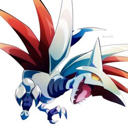  blue_eyes blurry gen_2_pokemon highres jacknaiff no_humans open_mouth pokemon pokemon_(creature) sharp_teeth skarmory solo talons teeth tongue watermark white_background yellow_sclera 