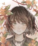  1girl 9999mme bangs brown_hair closed_mouth earrings eyebrows_visible_through_hair hair_ribbon highres jewelry leaf looking_at_viewer original portrait ribbon short_hair solo 