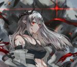  1girl arknights bangs bare_shoulders black_choker breasts choker commentary crop_top eyebrows_visible_through_hair highres horns large_breasts long_hair looking_at_viewer midriff mudrock_(arknights) oripathy_lesion_(arknights) parted_lips pointy_ears red_eyes sarashi silver_hair solo spacelongcat sports_bra upper_body 
