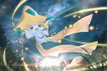  :d commentary_request from_below gen_3_pokemon grass green_eyes jirachi jpeg_artifacts looking_at_viewer mythical_pokemon night no_humans open_mouth otsumami_(bu-bu-heaven) outdoors pokemon pokemon_(creature) rock smile solo star_(sky) star_(symbol) 
