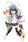  1girl alternate_costume arms_up axew bangs black_legwear brown_hair chinchou closed_eyes commentary_request dynamax_band eyelashes gen_2_pokemon gen_3_pokemon gen_5_pokemon gen_8_pokemon gloria_(pokemon) happy highres legs_apart on_head open_mouth plaid plaid_skirt pleated_skirt pokemon pokemon_(creature) pokemon_(game) pokemon_on_head pokemon_swsh purrloin q_(user_cvec4257) ribbed_sweater rookidee scorbunny shiny shiny_hair shoes short_hair skirt smile snorunt sweater teeth thigh-highs tongue white_background white_footwear white_sweater 