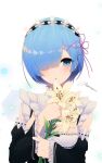  1girl absurdres black_hairband black_sleeves blue_eyes blue_hair blush bouquet detached_collar detached_sleeves flower hair_flower hair_ornament hair_over_one_eye hair_ribbon hairband head_wreath highres holding holding_bouquet jungsungwoo lily_(flower) long_sleeves looking_at_viewer pink_ribbon re:zero_kara_hajimeru_isekai_seikatsu rem_(re:zero) ribbon ribbon-trimmed_sleeves ribbon_trim roswaal_mansion_maid_uniform shiny shiny_hair short_hair signature solo upper_body white_background white_flower x_hair_ornament 