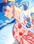  1boy alternate_costume baseball_cap beads blue_hair blue_sky bodypaint closed_mouth clouds cu_chulainn_(fate)_(all) cu_chulainn_alter_(fate/grand_order) dark_persona earrings facepaint fate/grand_order fate_(series) floating_hair from_side hair_beads hair_ornament hat jewelry long_hair looking_back male_focus muscle nipples open_clothes open_shirt ponytail red_eyes sky smile solo spikes spiky_hair studded_hat type-moon under_the_same_sky uni_(nico02) 