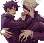  2boys :d bangs black_hair black_jacket black_pants bleeding blindfold_pull blood blood_on_face blue_eyes carrying fushiguro_megumi gakuran gojou_satoru green_eyes gugulayle hands_up high_collar jacket jujutsu_kaisen long_sleeves looking_at_another male_focus multiple_boys open_mouth pants princess_carry profile school_uniform short_hair signature simple_background smile spiky_hair white_background white_hair 