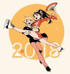  2018 black_footwear black_hair blonde_hair circle dress fan figure_skating figure_skating_dress flower hair_flower hair_ornament hikami_no_crown holding holding_fan ice_skates long_hair long_sleeves new_year obi open_mouth ponytail red_dress sash short_hair skates smile split striped striped_legwear tayama_midori white_footwear 