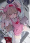  &gt;_&lt; 1girl :d apron armband arms_up bangs bed blood blood_bag blurry blurry_foreground blush breasts brown_hair bunny_hair_ornament center_frills checkered checkered_floor depth_of_field eggplant eyebrows_visible_through_hair fang food frills groin hair_ornament hat heart highres holding holding_food hospital_bed indoors knife long_hair looking_at_viewer lying nail_polish natori_sana nurse_cap on_back on_bed open_mouth panties pink_apron pink_headwear pink_nails pink_panties pleated_skirt puffy_short_sleeves puffy_sleeves red_eyes sana_channel shirt shiyashiki short_sleeves skirt skirt_lift small_breasts smile solo stuffed_animal stuffed_bunny stuffed_toy two_side_up underwear very_long_hair virtual_youtuber white_shirt white_skirt 