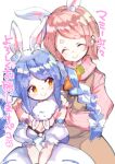  2girls :&gt; absurdres animal_ears apron blue_hair bob_cut braid brown_eyes brown_hair bunny-shaped_pupils carrot closed_eyes don-chan_(usada_pekora) dress fujishima-sei_ichi-gou hands_on_another&#039;s_shoulders highres hololive looking_back mother_and_daughter multiple_girls pekomama pink_sweater rabbit_ears ribbon sidelocks simple_background smile sweat sweater translation_request twin_braids twintails usada_pekora white_background white_dress 