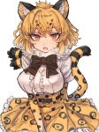  1girl absurdres animal_ears black_neckwear blonde_hair blush bow bowtie center_frills commentary_request cowboy_shot elbow_gloves eyebrows_visible_through_hair frilled_skirt frills fur_collar gloves high-waist_skirt highres jaguar_(kemono_friends) jaguar_ears jaguar_girl jaguar_print jaguar_tail kemono_friends multicolored_hair print_gloves print_skirt shirt short_hair short_sleeves skirt solo tail tsukeo white_shirt yellow_eyes 