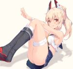  1girl absurdres ass ayanami_(azur_lane) azur_lane bangs bare_shoulders black_footwear blue_sailor_collar boots breasts commentary_request crop_top crossed_ankles eyebrows_visible_through_hair hair_between_eyes hair_ornament headgear highres knees_up long_hair looking_at_viewer medium_breasts nakazawa_aki navel outstretched_arms ponytail red_eyes sailor_collar school_uniform serafuku shirt simple_background sitting skirt sleeveless sleeveless_shirt smile solo thigh-highs thighs tongue tongue_out white_background 