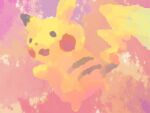 :d black_eyes commentary_request creature full_body gen_1_pokemon looking_at_viewer no_humans open_mouth pikachu pokemon pokemon_(creature) smile solo toge_nbo 