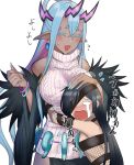  black_hair closed_eyes dark_skin dark-skinned_female earrings eyepatch fate/grand_order fate_(series) fur_trim highres horns hug ibuki_douji_(fate) jewelry long_hair magatama mochizuki_chiyome_(fate/grand_order) multicolored_hair oni oni_horns pointy_ears sweater tears tsuchifumazu turtleneck turtleneck_sweater 