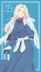  1girl alternate_costume blonde_hair blue_background blue_dress blue_eyes blue_jacket buttons collared_dress dated dress highres hornet_(kantai_collection) jacket jacket_on_shoulders kantai_collection lips long_hair long_sleeves open_mouth shingyou_(alexander-13) solo twitter_username 