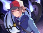  1boy bag baseball_cap blue_jacket brown_eyes brown_hair chandelure commentary_request fire flame gen_5_pokemon hat hilbert_(pokemon) jacket looking_to_the_side male_focus parted_lips pokemon pokemon_(creature) pokemon_(game) pokemon_bw shiny shiny_hair short_hair shoulder_bag suusuke upper_body zipper zipper_pull_tab 