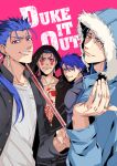  4boys alternate_costume beads blue_hair bodypaint closed_mouth cover cover_page cu_chulainn_(fate)_(all) cu_chulainn_(fate/grand_order) cu_chulainn_(fate/prototype) cu_chulainn_alter_(fate/grand_order) dark_persona doujin_cover earrings facepaint fang fate/grand_order fate/stay_night fate_(series) fur-trimmed_hood fur_trim gae_bolg grin hair_beads hair_ornament holding holding_polearm holding_weapon hood hood_up hoodie jacket jewelry lancer long_hair looking_at_viewer male_focus multiple_boys nozawa open_clothes open_jacket polearm ponytail red_eyes ring sharp_teeth shirt smile spiky_hair t-shirt teeth type-moon weapon 