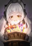  1girl alternate_costume animal_ears bangs birthday_cake black_ribbon blunt_bangs cake candle cantaloupe cat_ears chocolate_cake clouds dark food fruit gothic_lolita grey_hair hair_intakes hand_on_own_cheek hand_on_own_face happy_birthday highres hololive lolita_fashion long_hair murasaki_shion nap_creator purple_background ribbon solo very_long_hair virtual_youtuber yellow_eyes 