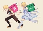  &gt;_&lt; 1boy 1girl aether_(genshin_impact) bag black_footwear blonde_hair carrying_over_shoulder dress fleeing foodpanda full_body genshin_impact highres lumine_(genshin_impact) running sami_jen simple_background stuffed_animal stuffed_toy white_dress white_legwear 