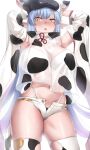  1girl animal_ears animal_print armpits arms_behind_head arms_up bangs bare_shoulders bikini blue_hair blush breasts cow_ears cow_girl cow_hat cow_horns cow_print deras detached_sleeves draph ear_piercing granblue_fantasy hat highleg highleg_bikini highres horns large_breasts long_hair looking_at_viewer micro_shorts navel open_mouth piercing pointy_ears shatola_(granblue_fantasy) sheer_clothes short_shorts shorts swimsuit thigh-highs thighs white_bikini white_shorts wide_sleeves yellow_eyes 